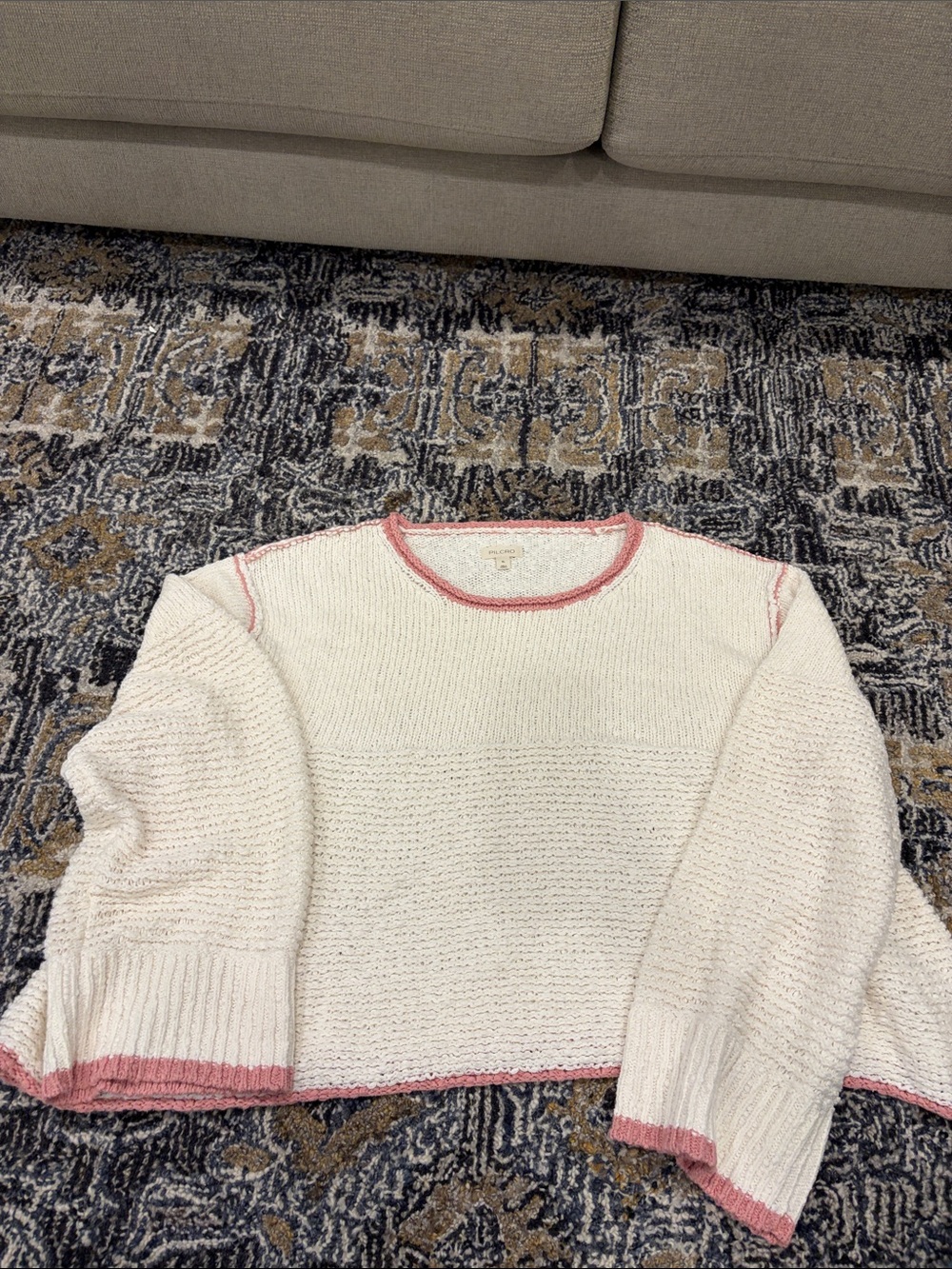 Pilcro Cream Crewneck Sweater with Pink Trim